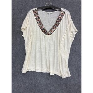Sundance 100% Linen Embroidered V-Neck Flutter Sleeve Top Ivory Boho Large